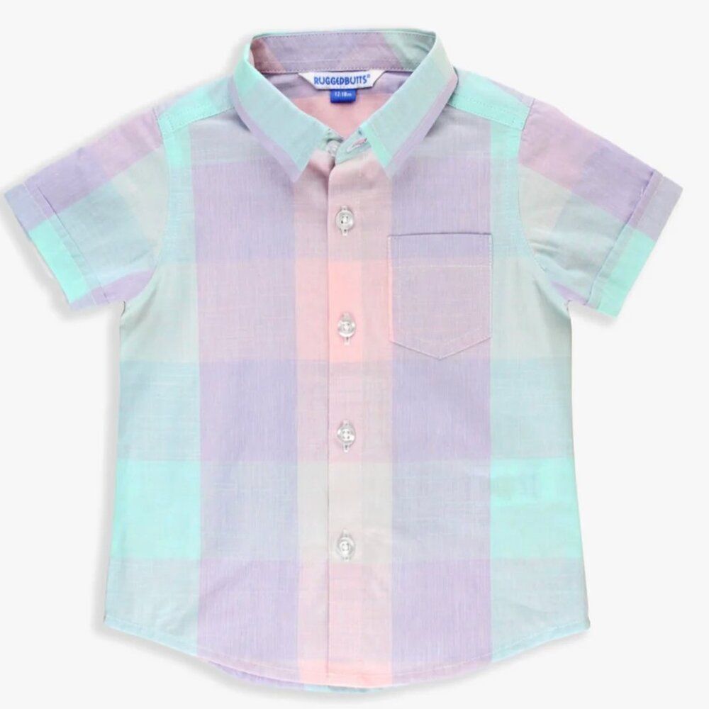 Rugged Butts Cotton Candy Plaid SS Button Down shirt size 18-24 months NWT